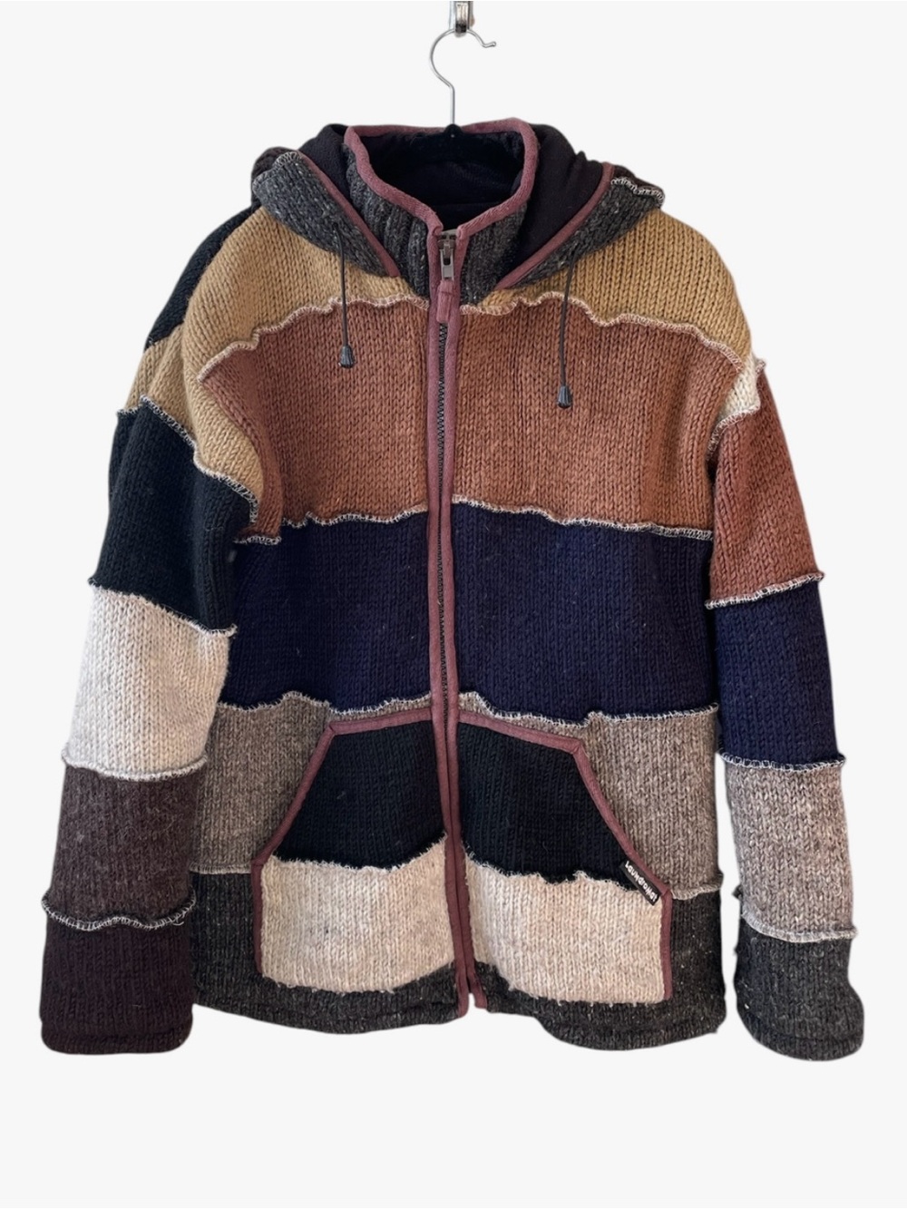 LAUNDROMAT Handmade Striped Wool Knit Zip-Up Hoodie Jacket M